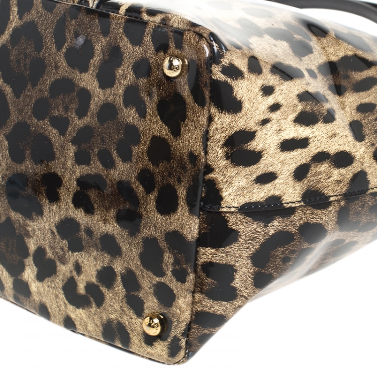 Pre Owned Dolce and Gabbana Brown/Black Leopard Print Patent Leather Miss Escape Tote
