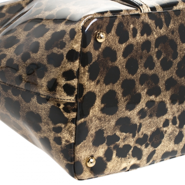 Pre Owned Dolce and Gabbana Brown/Black Leopard Print Patent Leather Miss Escape Tote