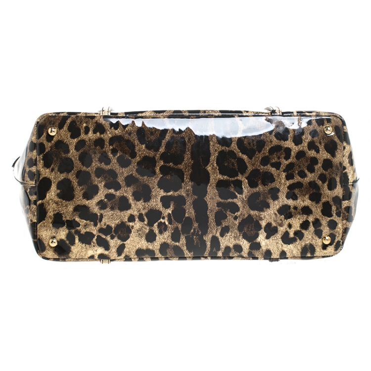 Pre Owned Dolce and Gabbana Brown/Black Leopard Print Patent Leather Miss Escape Tote