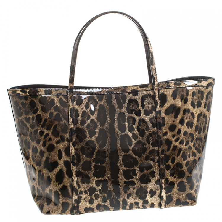 Pre Owned Dolce and Gabbana Brown/Black Leopard Print Patent Leather Miss Escape Tote