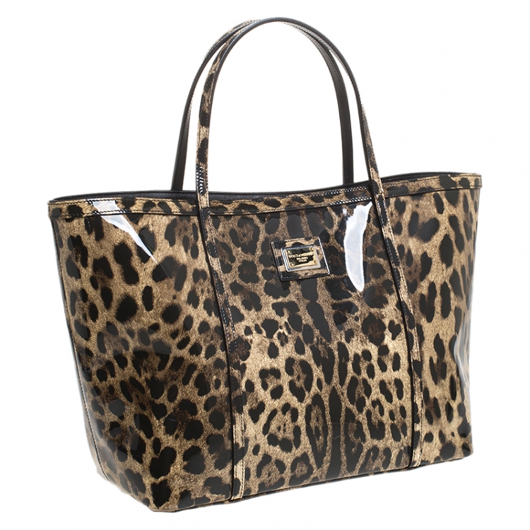Pre Owned Dolce and Gabbana Brown/Black Leopard Print Patent Leather Miss Escape Tote