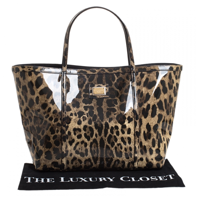 Pre Owned Dolce and Gabbana Brown/Black Leopard Print Patent Leather Miss Escape Tote