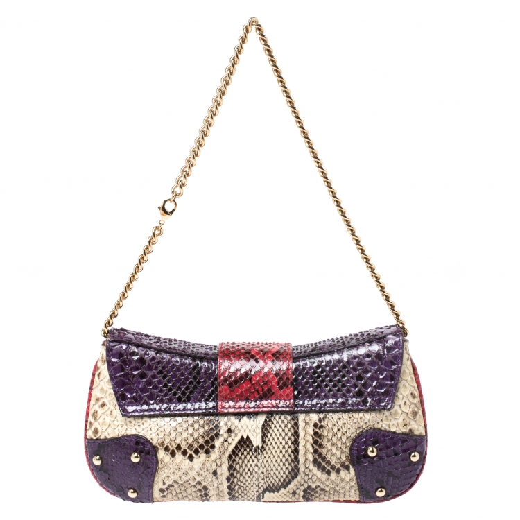 Pre Owned Dolce and Gabbana Multicolor Python D-Ring Flap Chain Hobo