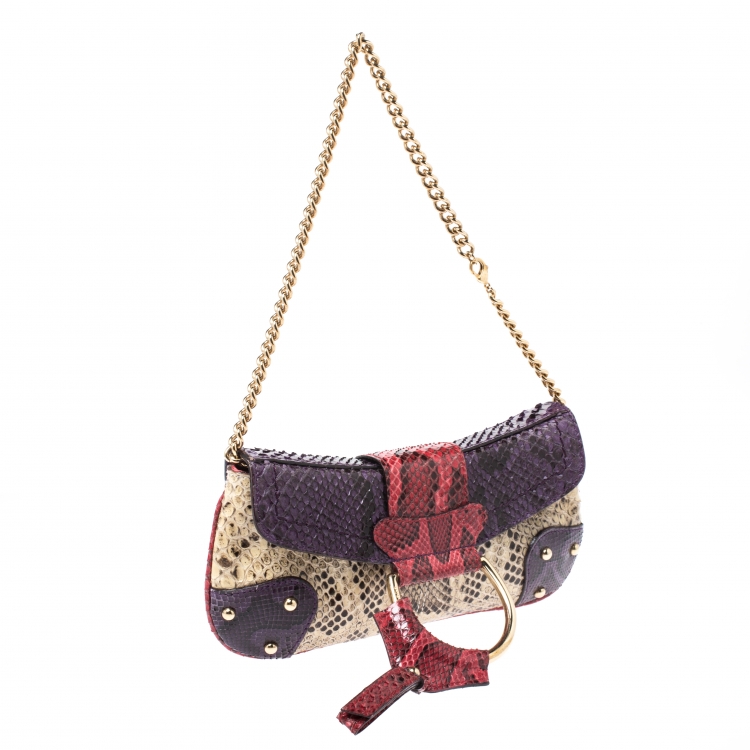 Pre Owned Dolce and Gabbana Multicolor Python D-Ring Flap Chain Hobo