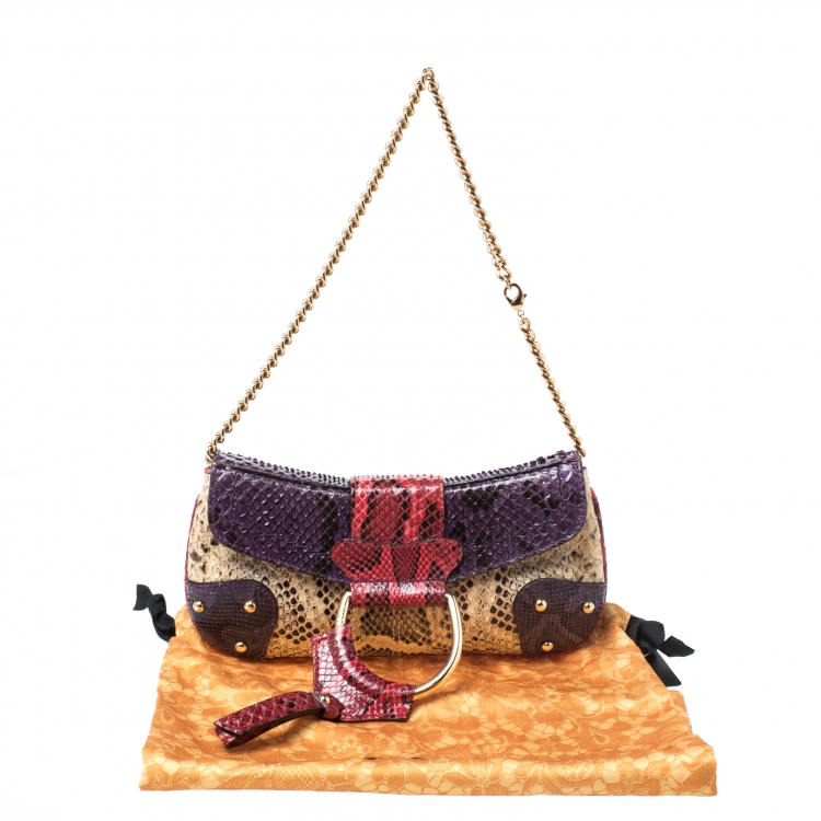 Pre Owned Dolce and Gabbana Multicolor Python D-Ring Flap Chain Hobo