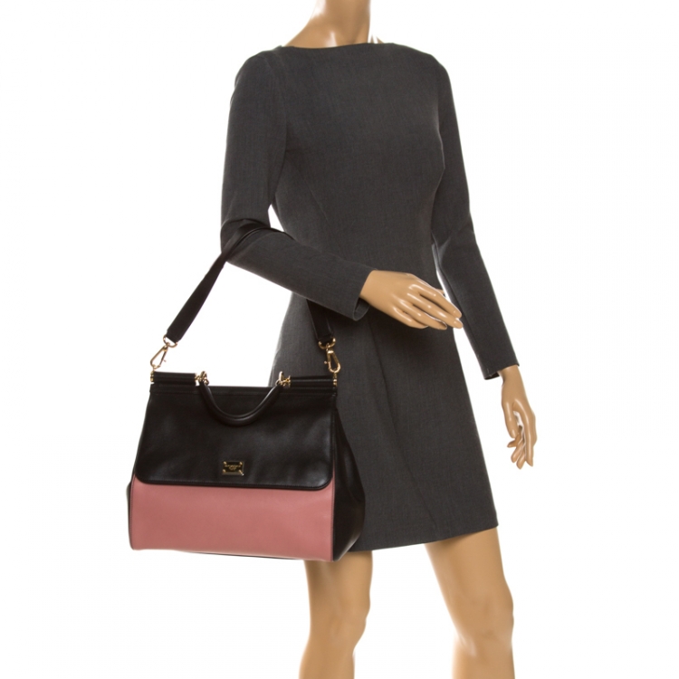Pre Owned Dolce & Gabbana Black/Pink Leather Miss Sicily Top Handle Bag