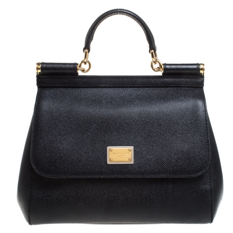 Pre Owned Dolce and Gabbana Black Leather Medium Miss Sicily Top Handle Bag