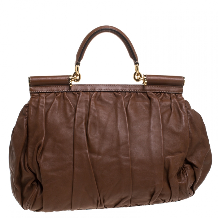 Pre Owned Dolce & Gabbana Brown Pleated Leather Large Miss Sicily Top Handle Bag