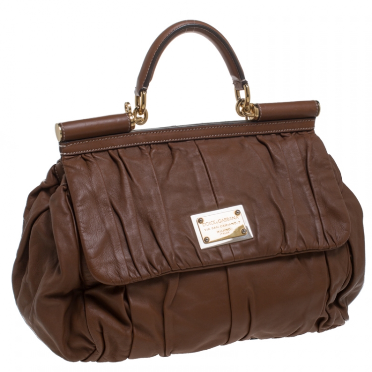 Pre Owned Dolce & Gabbana Brown Pleated Leather Large Miss Sicily Top Handle Bag