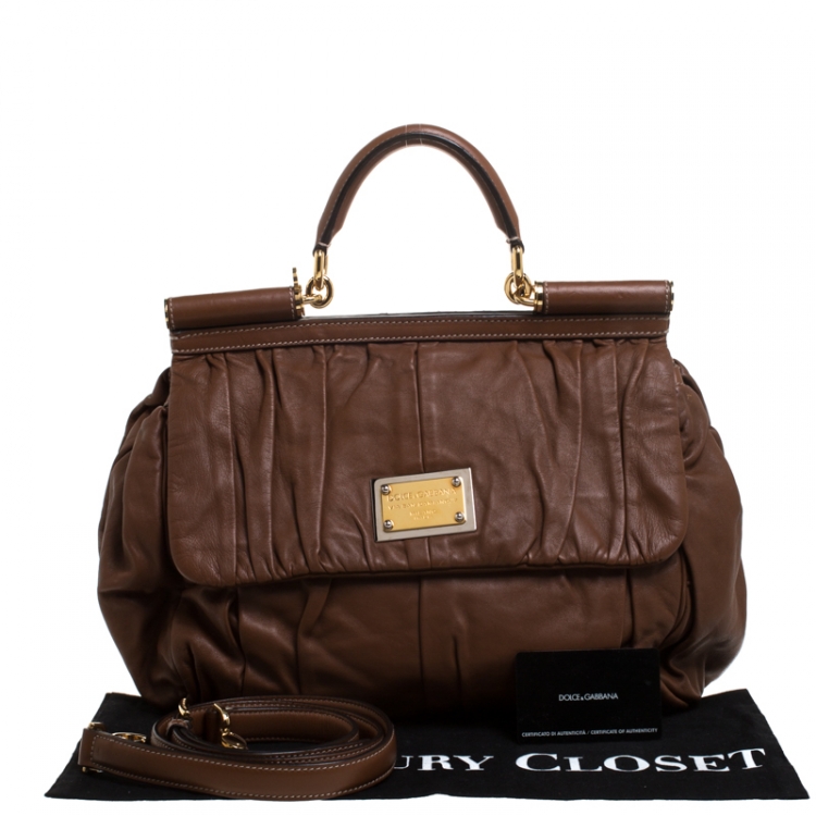 Pre Owned Dolce & Gabbana Brown Pleated Leather Large Miss Sicily Top Handle Bag