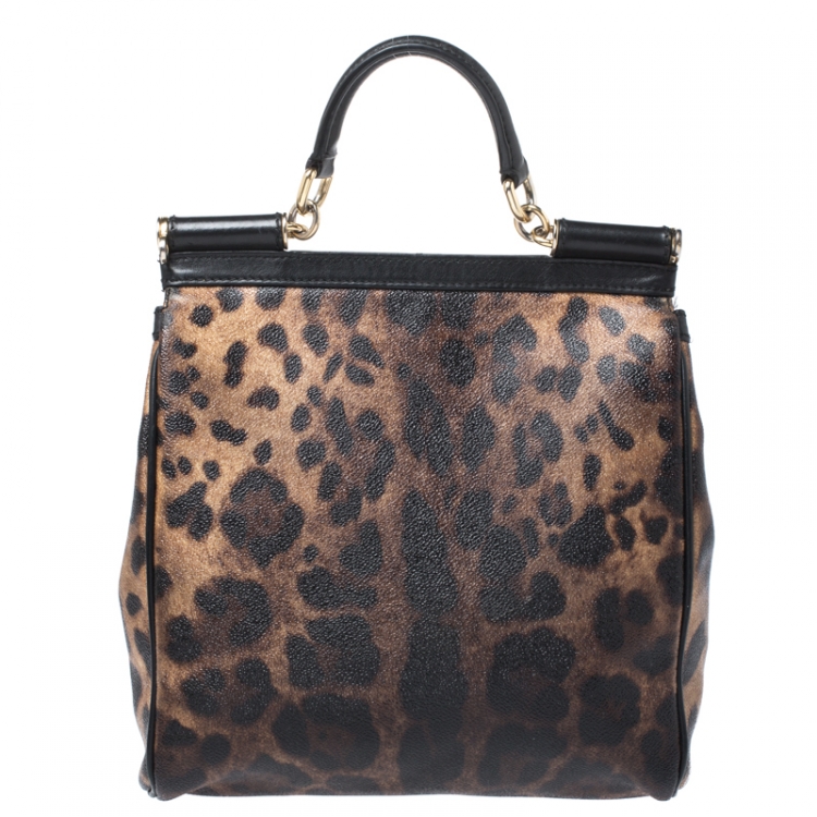 Pre Owned Dolce and Gabbana Brown/Black Leopard Print Coated Canvas and Leather Miss Sicily Top Handle Bag