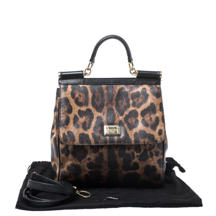 Pre Owned Dolce and Gabbana Brown/Black Leopard Print Coated Canvas and Leather Miss Sicily Top Handle Bag