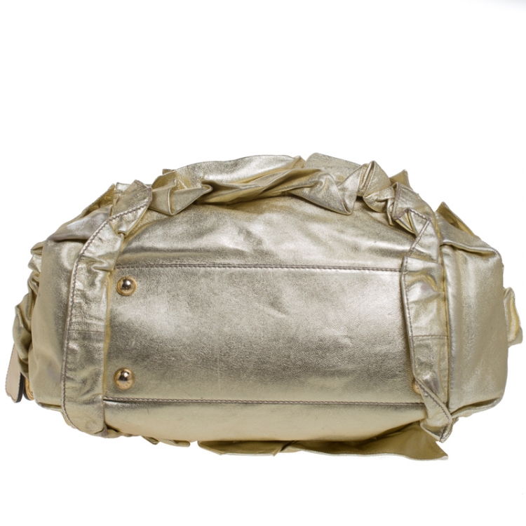 Pre Owned Dolce & Gabbana Metallic Gold Pleated Leather Satchel