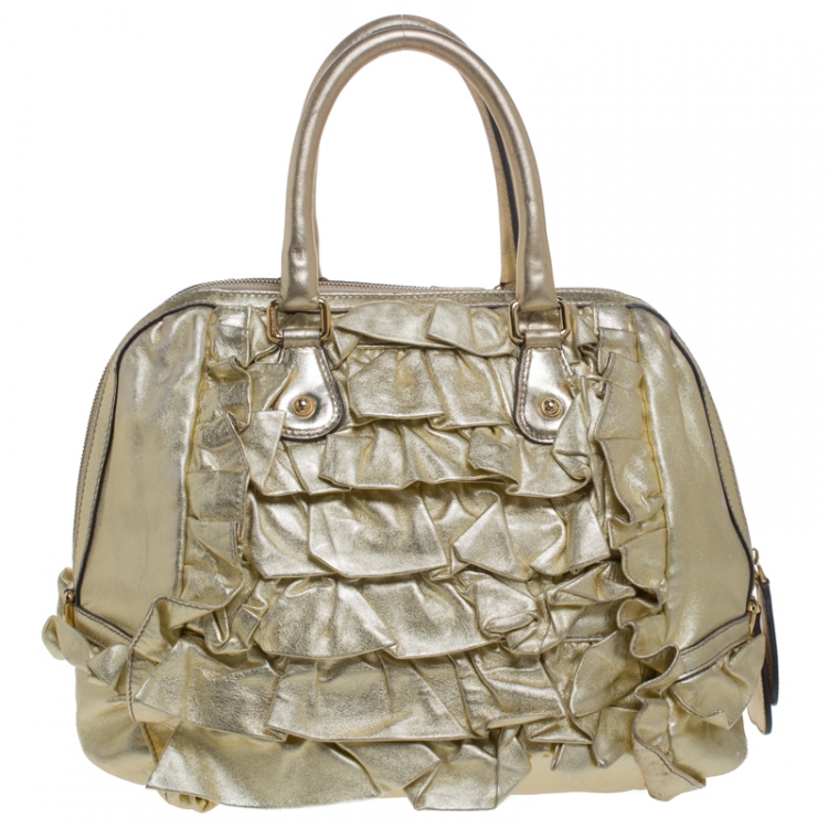 Pre Owned Dolce & Gabbana Metallic Gold Pleated Leather Satchel