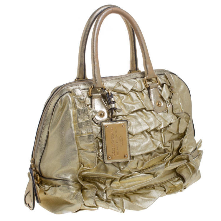 Pre Owned Dolce & Gabbana Metallic Gold Pleated Leather Satchel