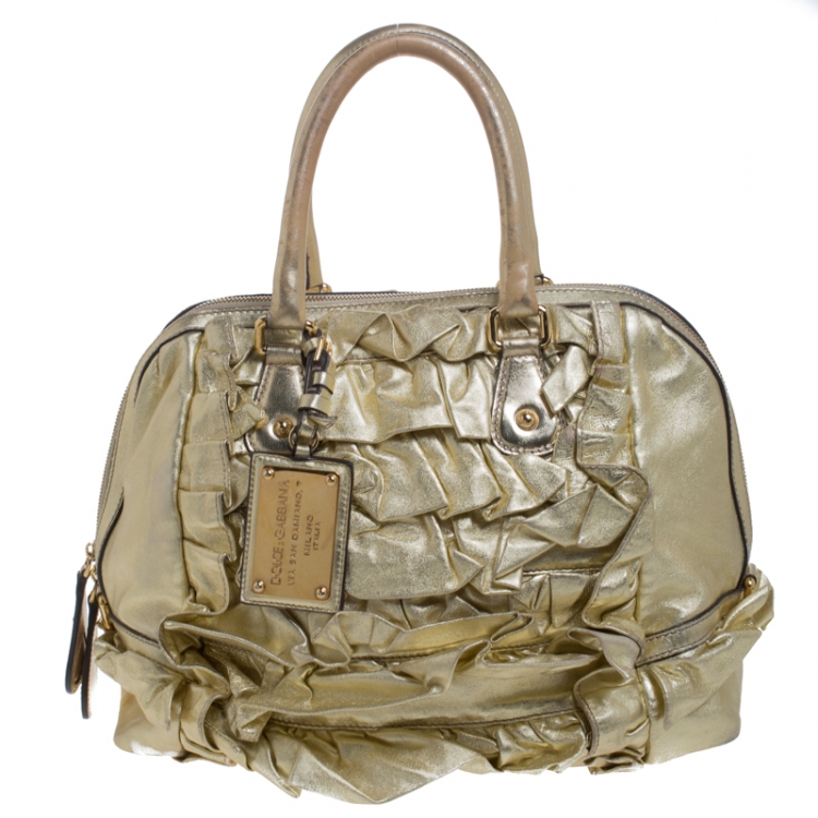 Pre Owned Dolce & Gabbana Metallic Gold Pleated Leather Satchel