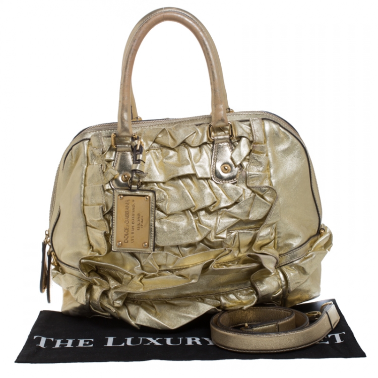 Pre Owned Dolce & Gabbana Metallic Gold Pleated Leather Satchel