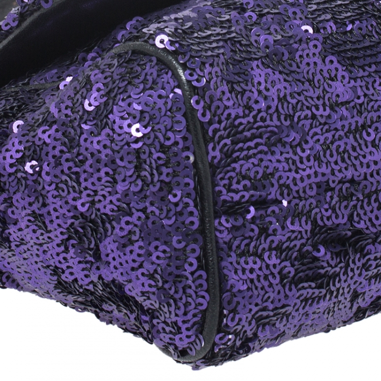 Pre Owned Dolce & Gabbana Purple/Black Sequin and Leather Small Miss Sicily Top Handle Bag
