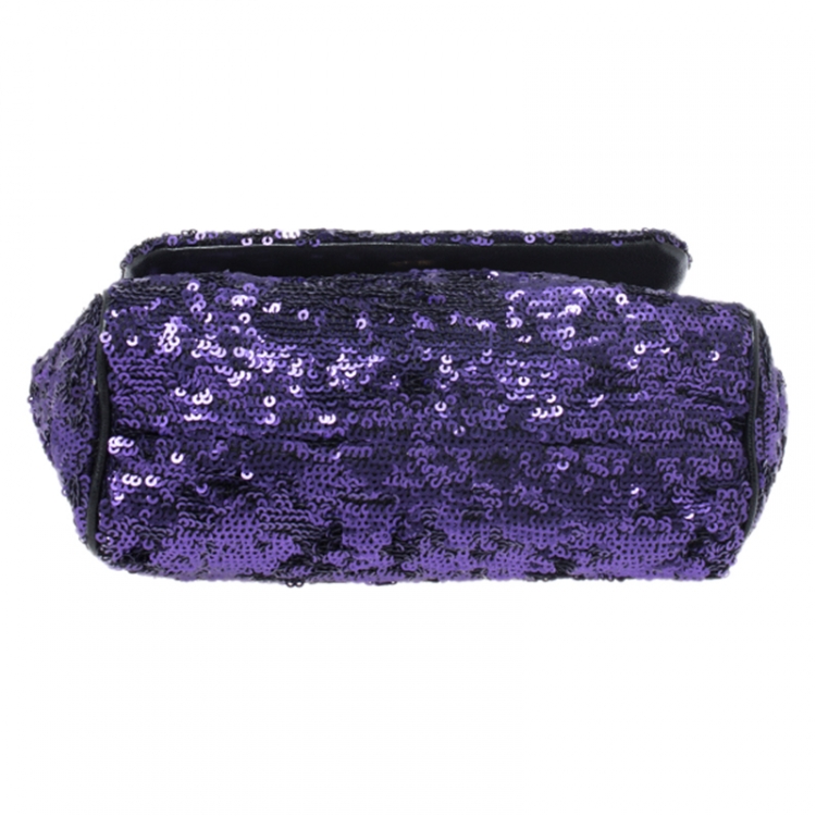 Pre Owned Dolce & Gabbana Purple/Black Sequin and Leather Small Miss Sicily Top Handle Bag