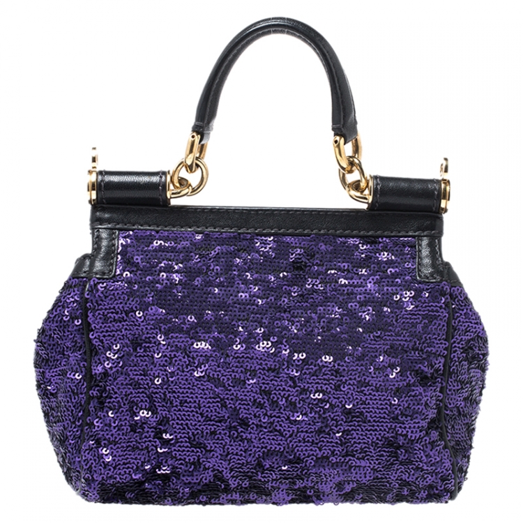 Pre Owned Dolce & Gabbana Purple/Black Sequin and Leather Small Miss Sicily Top Handle Bag