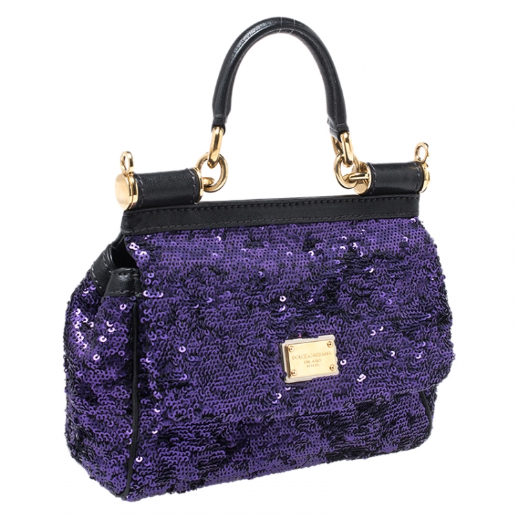Pre Owned Dolce & Gabbana Purple/Black Sequin and Leather Small Miss Sicily Top Handle Bag