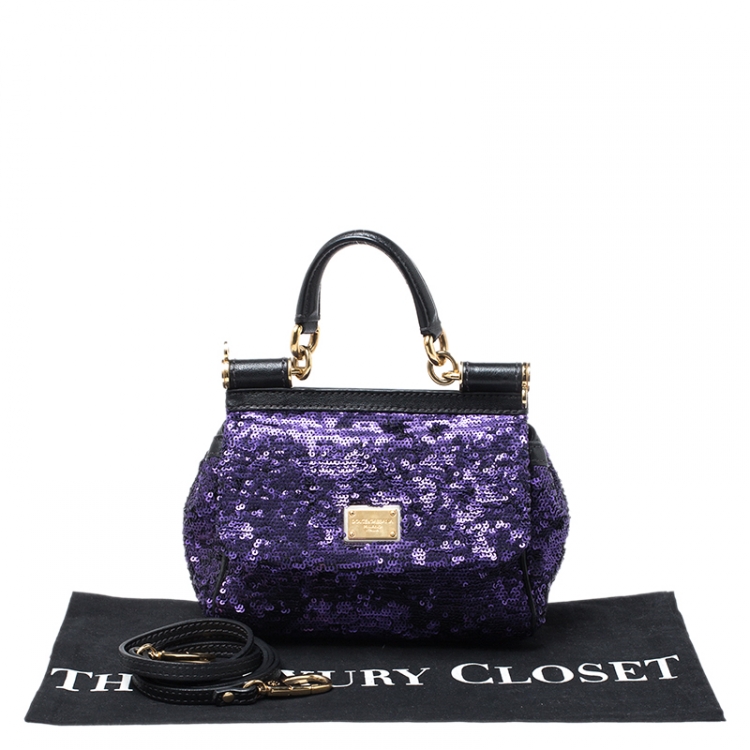 Pre Owned Dolce & Gabbana Purple/Black Sequin and Leather Small Miss Sicily Top Handle Bag