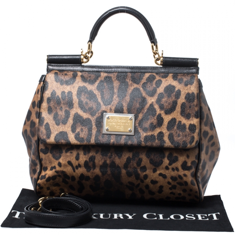 Pre Owned Dolce and Gabbana Leopard Print Coated Canvas and Leather Large Miss Sicily Top Handle Bag