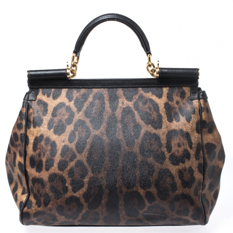 Pre Owned Dolce and Gabbana Leopard Print Coated Canvas and Leather Large Miss Sicily Top Handle Bag
