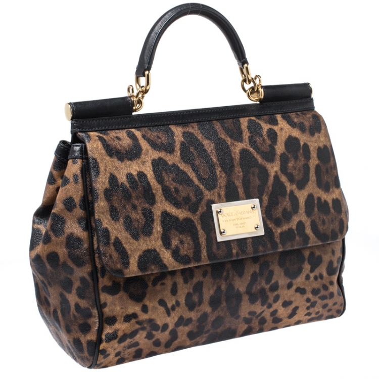 Pre Owned Dolce and Gabbana Leopard Print Coated Canvas and Leather Large Miss Sicily Top Handle Bag