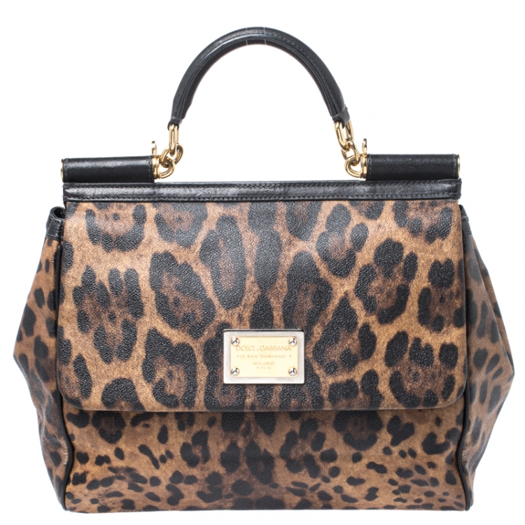 Pre Owned Dolce and Gabbana Leopard Print Coated Canvas and Leather Large Miss Sicily Top Handle Bag