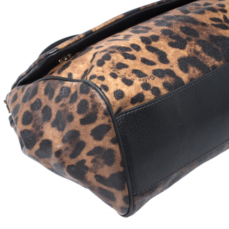 Pre Owned Dolce and Gabbana Leopard Print Coated Canvas and Leather Large Miss Sicily Top Handle Bag