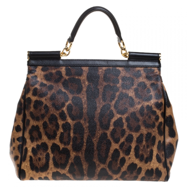 Pre Owned Dolce & Gabbana Brown Leopard Print Coated Canvas Large Miss Sicily Top Handle Bag