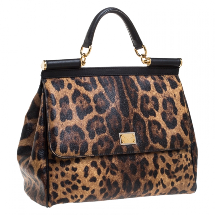Pre Owned Dolce & Gabbana Brown Leopard Print Coated Canvas Large Miss Sicily Top Handle Bag