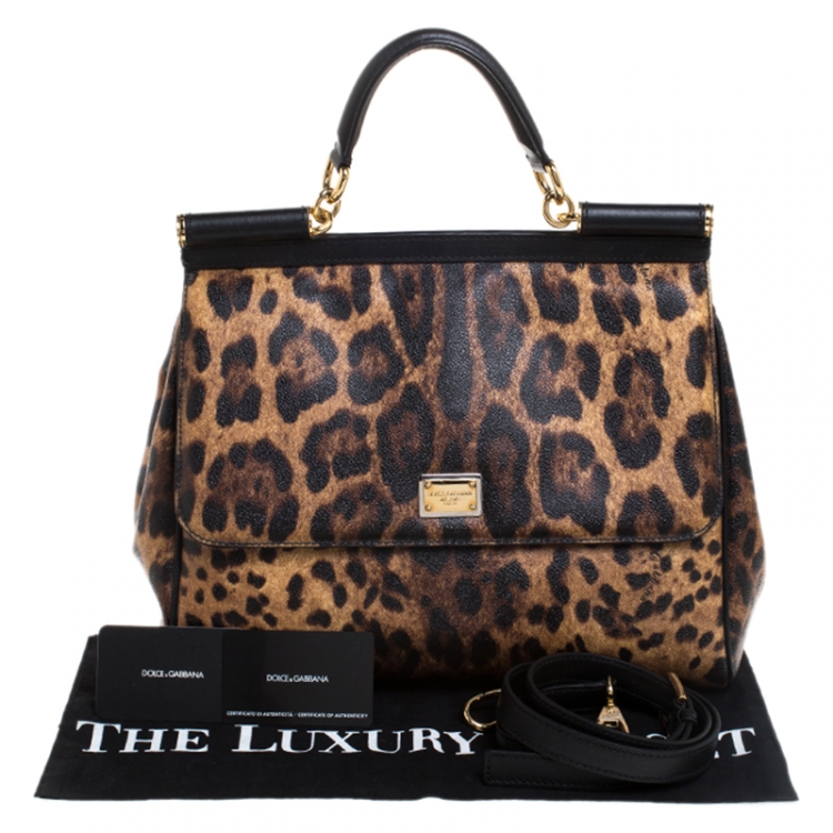 Pre Owned Dolce & Gabbana Brown Leopard Print Coated Canvas Large Miss Sicily Top Handle Bag