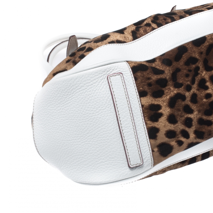 Pre Owned Dolce and Gabbana White/Brown Leopard Print Canvas and Leather Frame Satchel