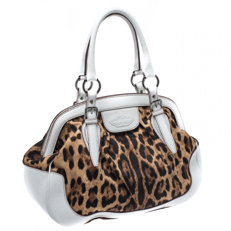 Pre Owned Dolce and Gabbana White/Brown Leopard Print Canvas and Leather Frame Satchel