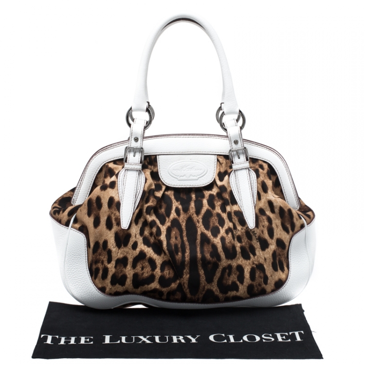 Pre Owned Dolce and Gabbana White/Brown Leopard Print Canvas and Leather Frame Satchel