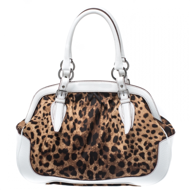 Pre Owned Dolce and Gabbana White/Brown Leopard Print Canvas and Leather Frame Satchel
