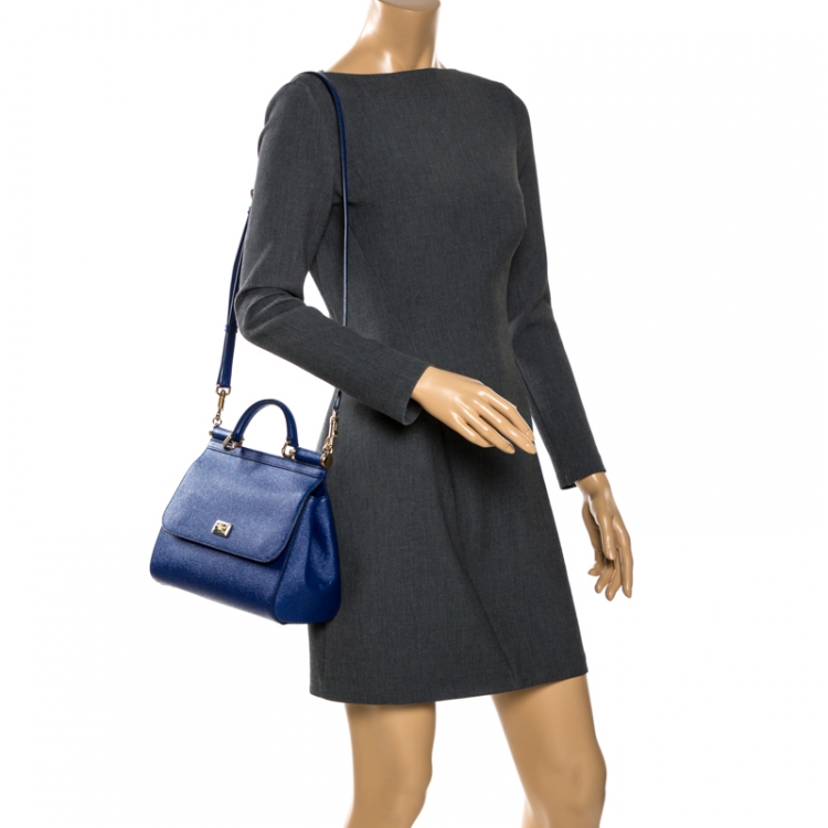 Pre Owned Dolce & Gabbana Blue Leather Medium Miss Sicily Top Handle Bag