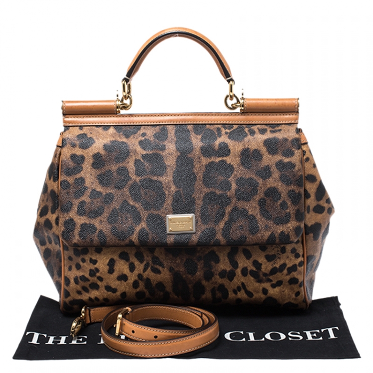 Pre Owned Dolce & Gabbana Leopard Print Coated Canvas and Leather Large Miss Sicily Top Handle Bag