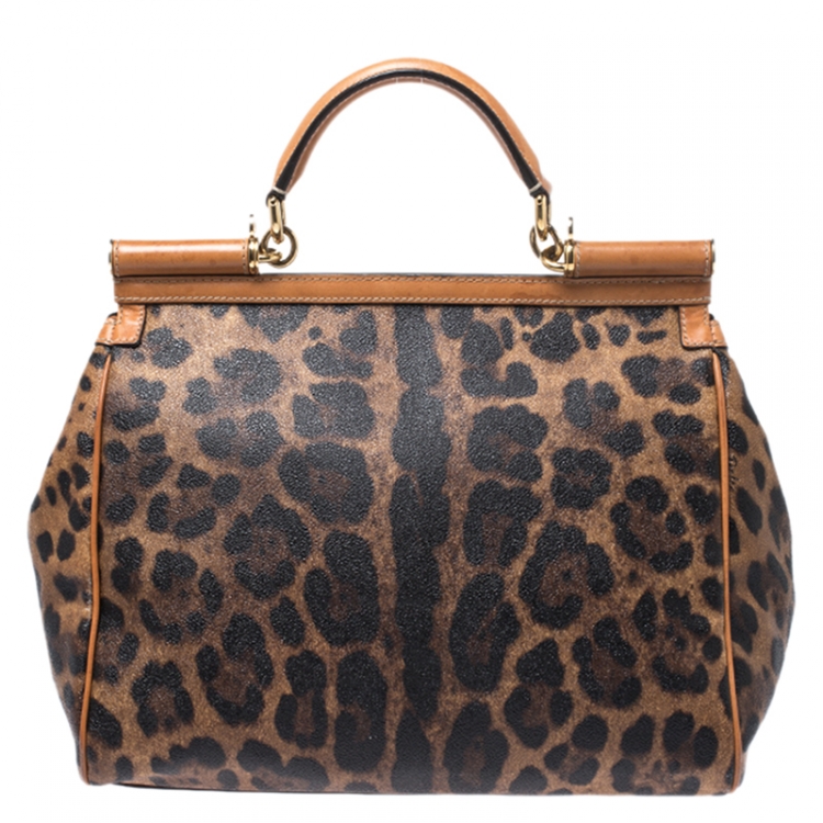 Pre Owned Dolce & Gabbana Leopard Print Coated Canvas and Leather Large Miss Sicily Top Handle Bag