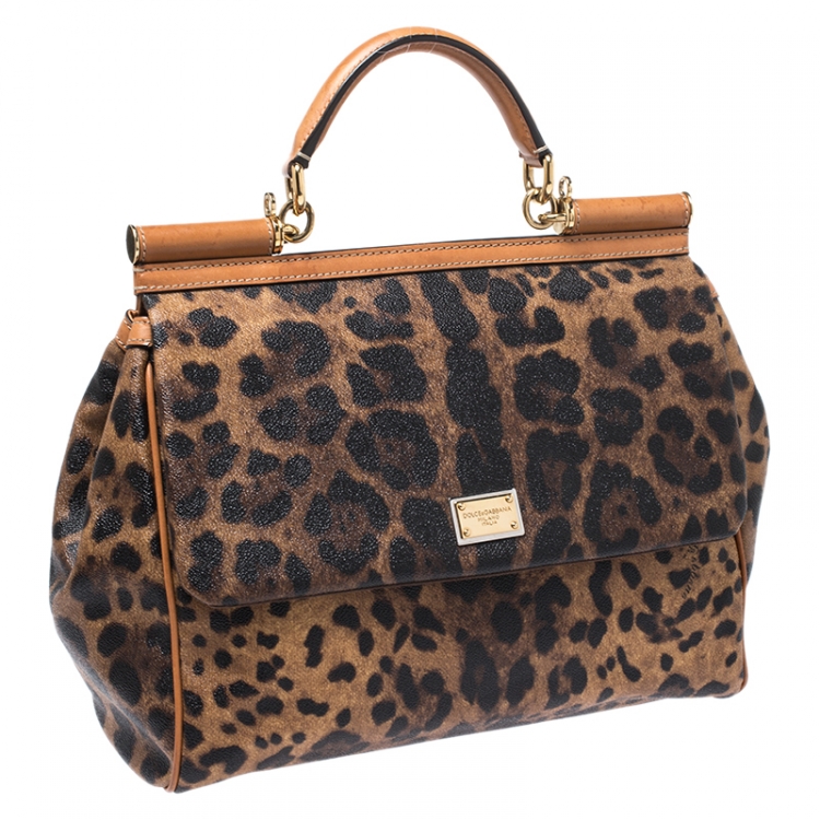 Pre Owned Dolce & Gabbana Leopard Print Coated Canvas and Leather Large Miss Sicily Top Handle Bag