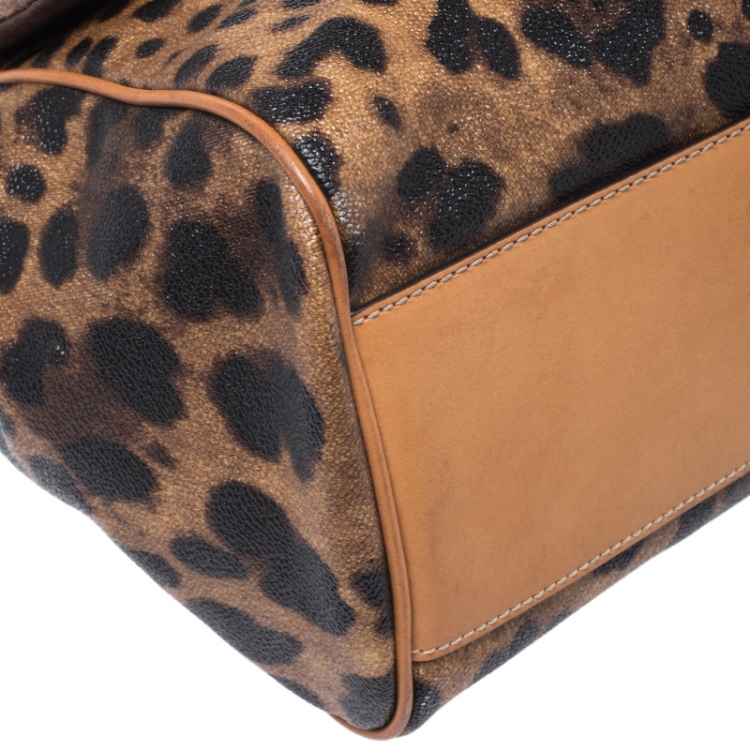 Pre Owned Dolce & Gabbana Leopard Print Coated Canvas and Leather Large Miss Sicily Top Handle Bag
