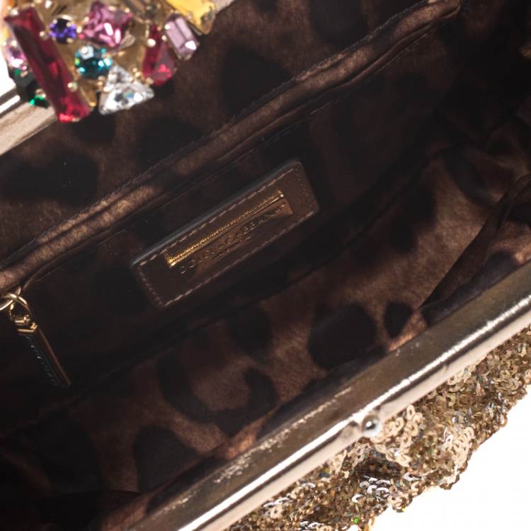 Pre Owned Dolce & Gabbana Gold Sequin Crystal Embellished Lock Frame Chain Clutch