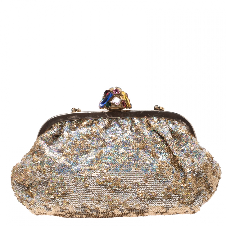 Pre Owned Dolce & Gabbana Gold Sequin Crystal Embellished Lock Frame Chain Clutch