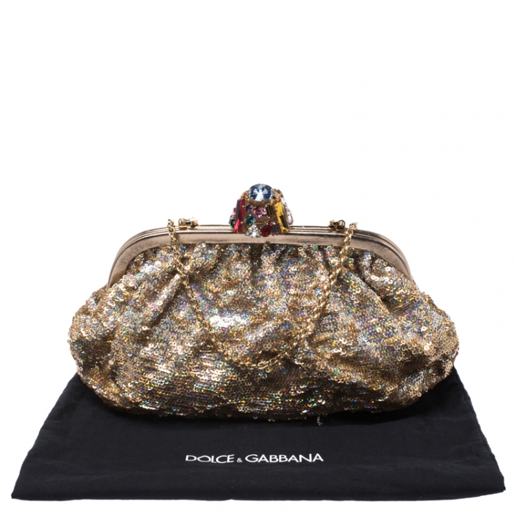 Pre Owned Dolce & Gabbana Gold Sequin Crystal Embellished Lock Frame Chain Clutch