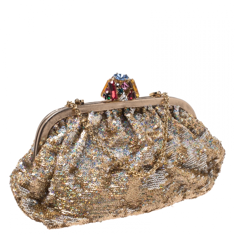 Pre Owned Dolce & Gabbana Gold Sequin Crystal Embellished Lock Frame Chain Clutch