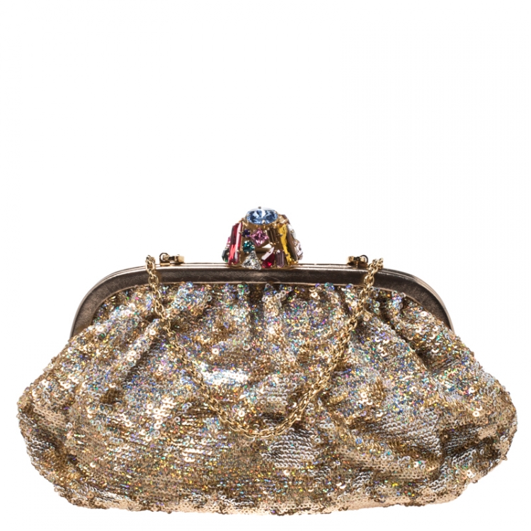 Pre Owned Dolce & Gabbana Gold Sequin Crystal Embellished Lock Frame Chain Clutch