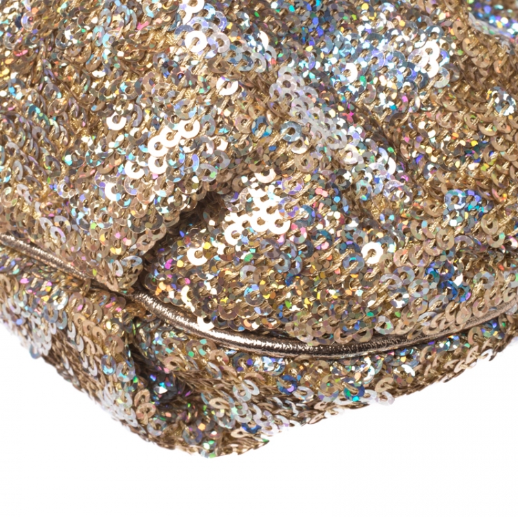 Pre Owned Dolce & Gabbana Gold Sequin Crystal Embellished Lock Frame Chain Clutch