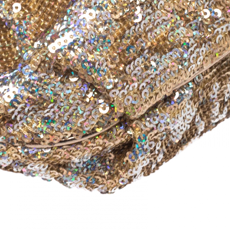 Pre Owned Dolce & Gabbana Gold Sequin Crystal Embellished Lock Frame Chain Clutch